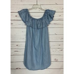 Lulus Women's XS Extra Small Blue Chambray Denim Short Sleeve Ruffle Tunic Top